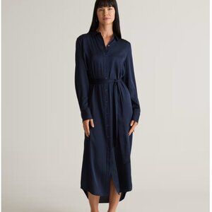 Washable Stretch Silk Maxi Shirt Dress – Navy, Women’s Medium